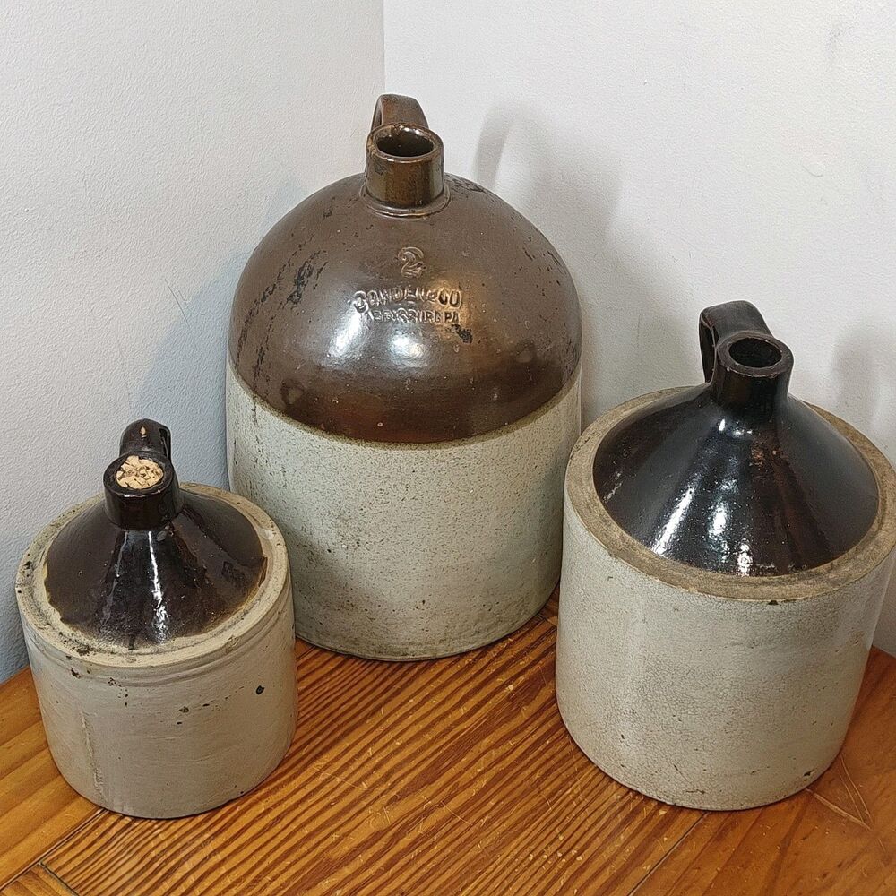 Antique Cowden & Wilcox Two Tone Glazed Moonshine Stoneware 2, 1, 1/2 Gal. Jugs